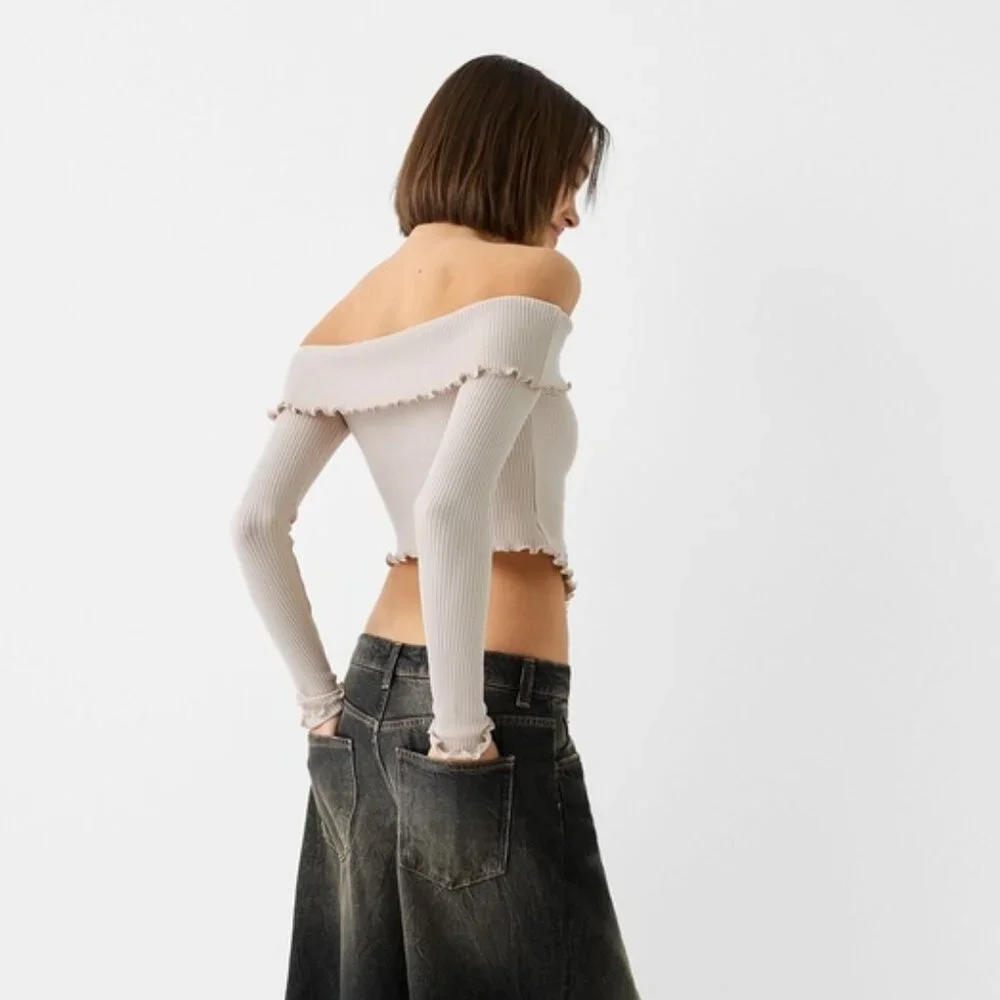 BERSHKA Bardot neck sweater in Stone - Picture 2 of 4